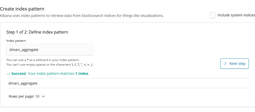 A screenshot of defining the dmarc_aggregate index pattern