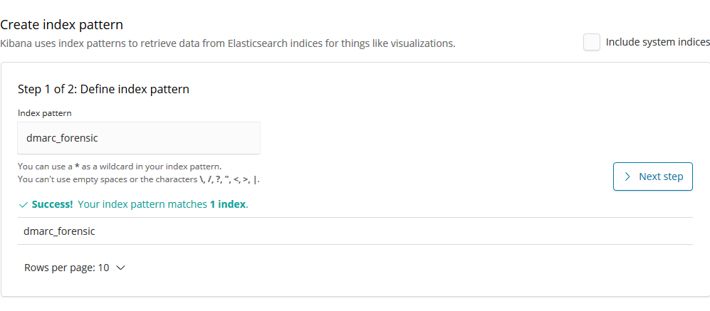 A screenshot of defining the dmarc_forensic index pattern
