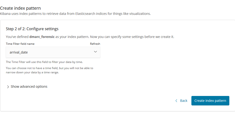 A screenshot of setting the time field for the dmarc_forensic index pattern